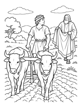 Detailed elijah and elisha coloring page showing Elisha plowing with oxen as Elijah approaches.