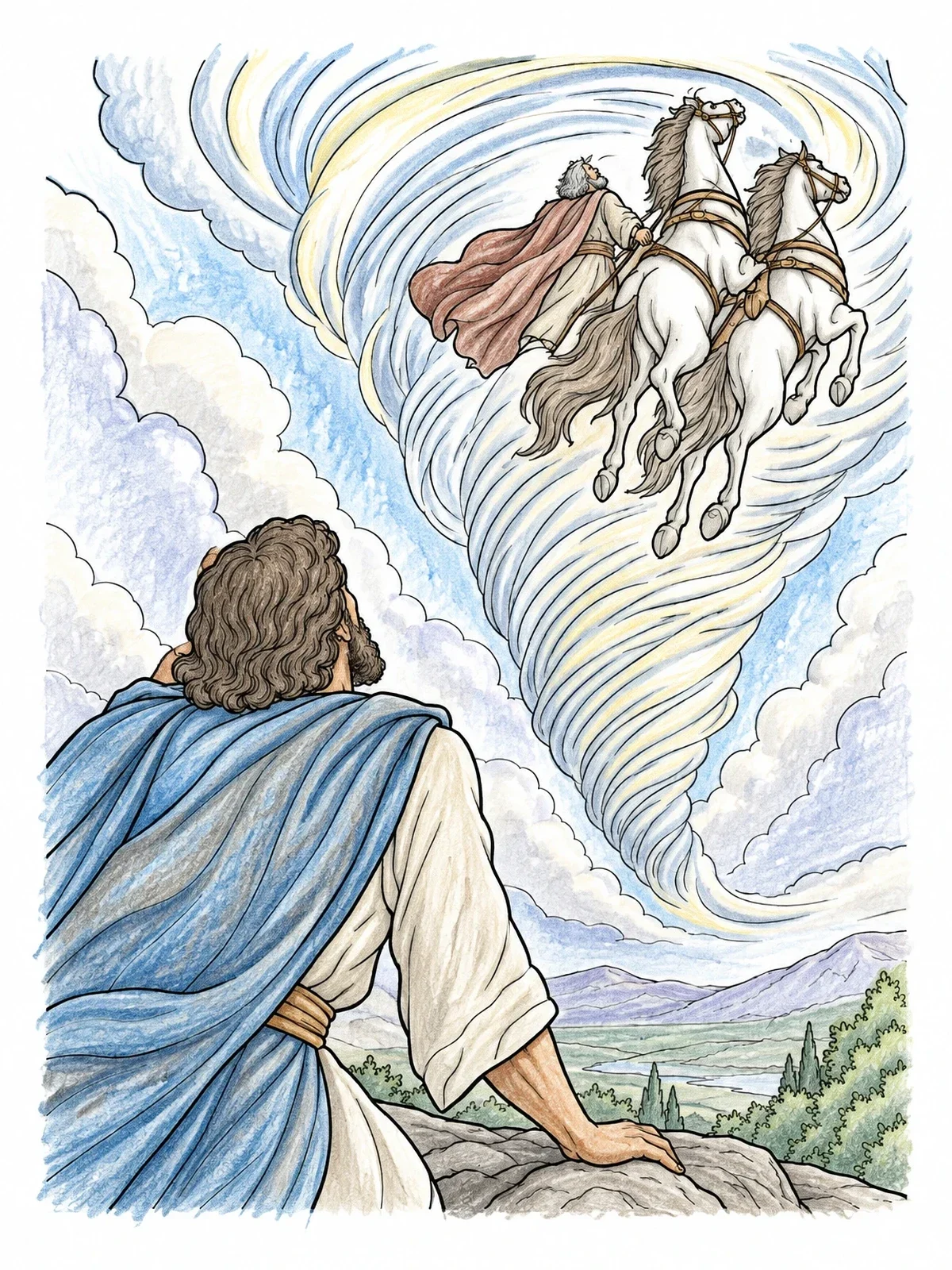 Colored example of the Elijah Taken Up In The Whirlwind coloring page