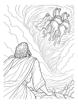 An elijah and elisha coloring page showing Elisha watching Elijah ascend into a swirling whirlwind with horses.