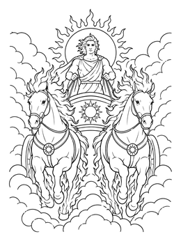 A dramatic elijah coloring page showing horses pulling a chariot across the sky surrounded by clouds.