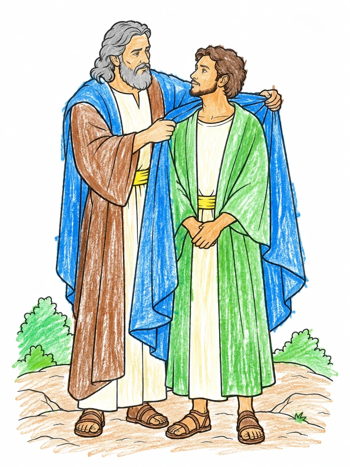 Colored example of the Prophet Elijah Placing Cloak On Elisha coloring page