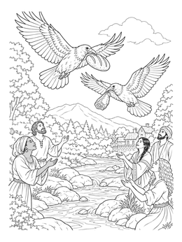A detailed elijah coloring page with ravens delivering bread and meat to people beside a stream.