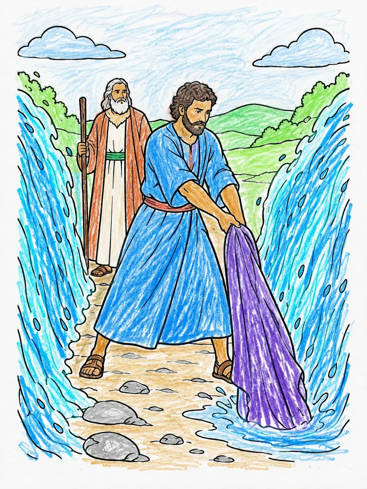 Colored example of the Elisha Parting The Jordan River coloring page