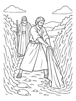 An elijah and elisha coloring page showing the prophet parting river waters with a mantle.