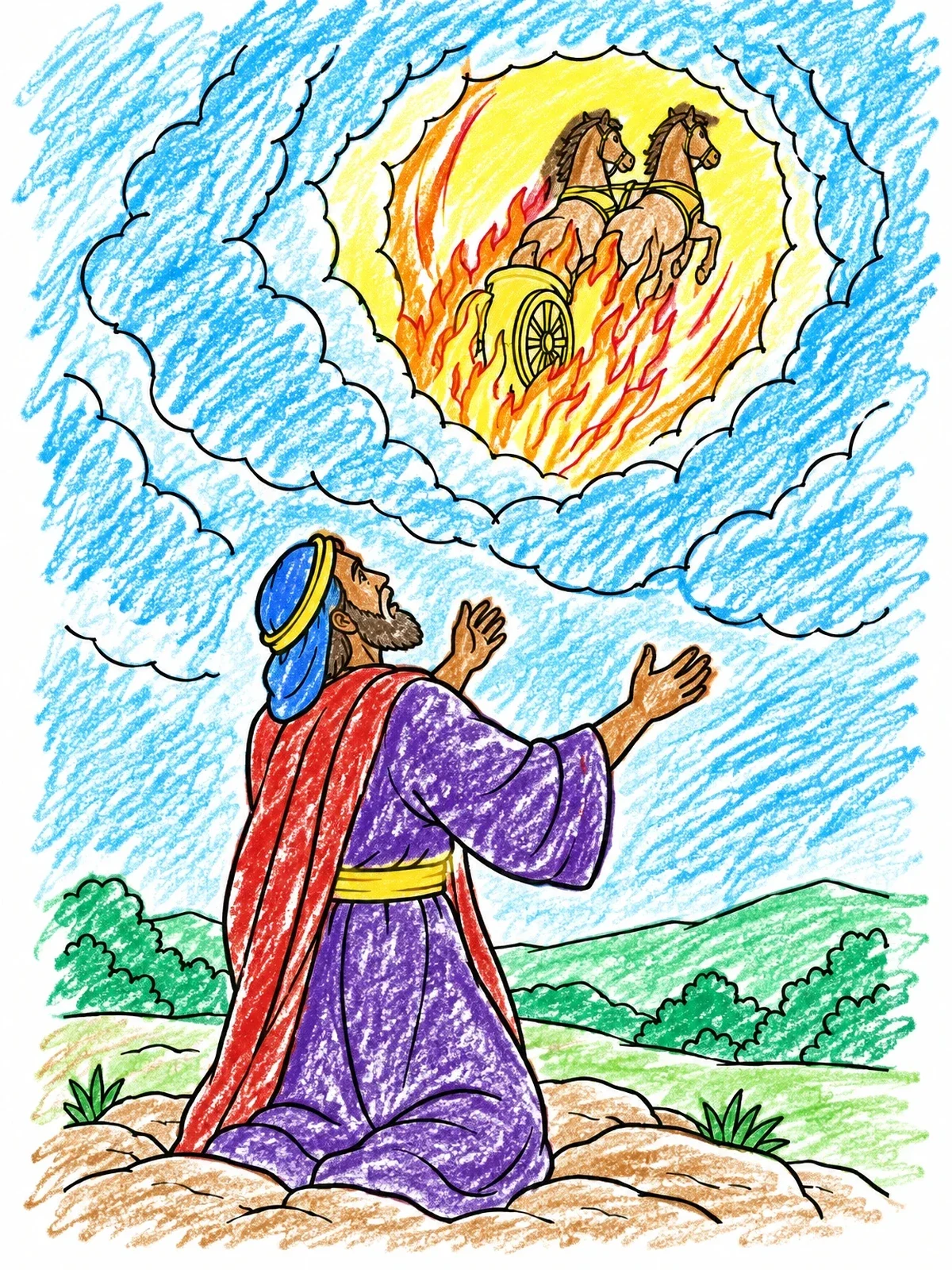 Colored example of the Elisha Watching Elijah's Fiery Chariot coloring page