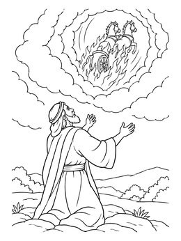 Elijah and Elisha coloring page showing Elisha kneeling as the fiery chariot ascends into the heavens.