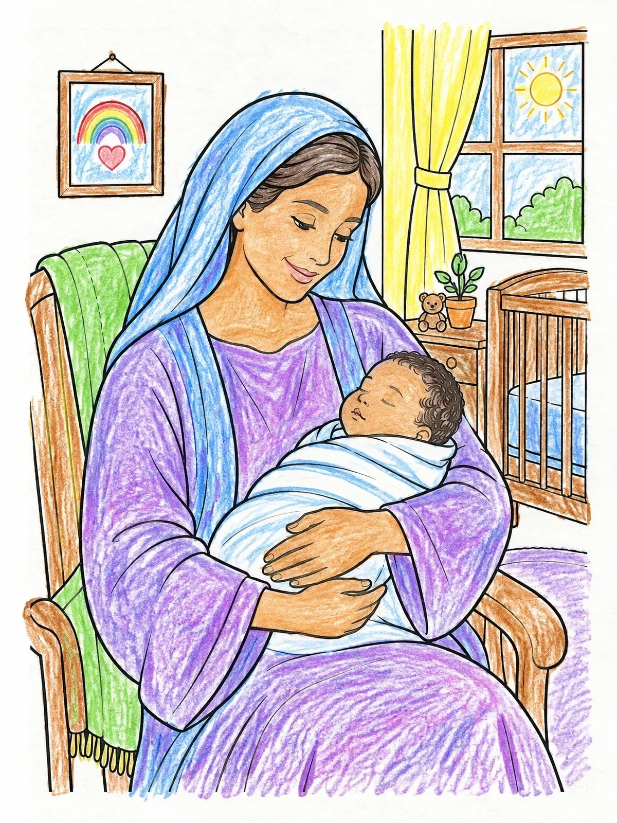 Colored example of the Elizabeth Holding Baby John The Baptist coloring page