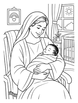 Elizabeth smiles tenderly holding her swaddled newborn in this John the Baptist coloring page.