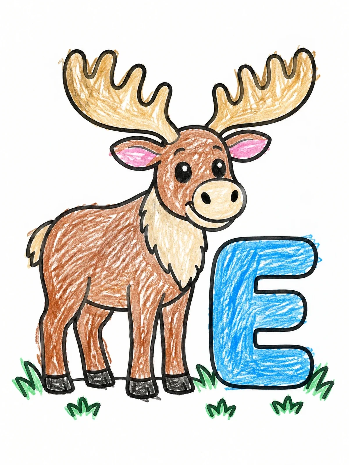 Colored example of the Cute Elk Beside Capital Letter E coloring page