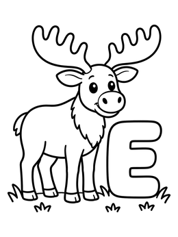 Free printable Cute Elk Beside Capital Letter E coloring page
