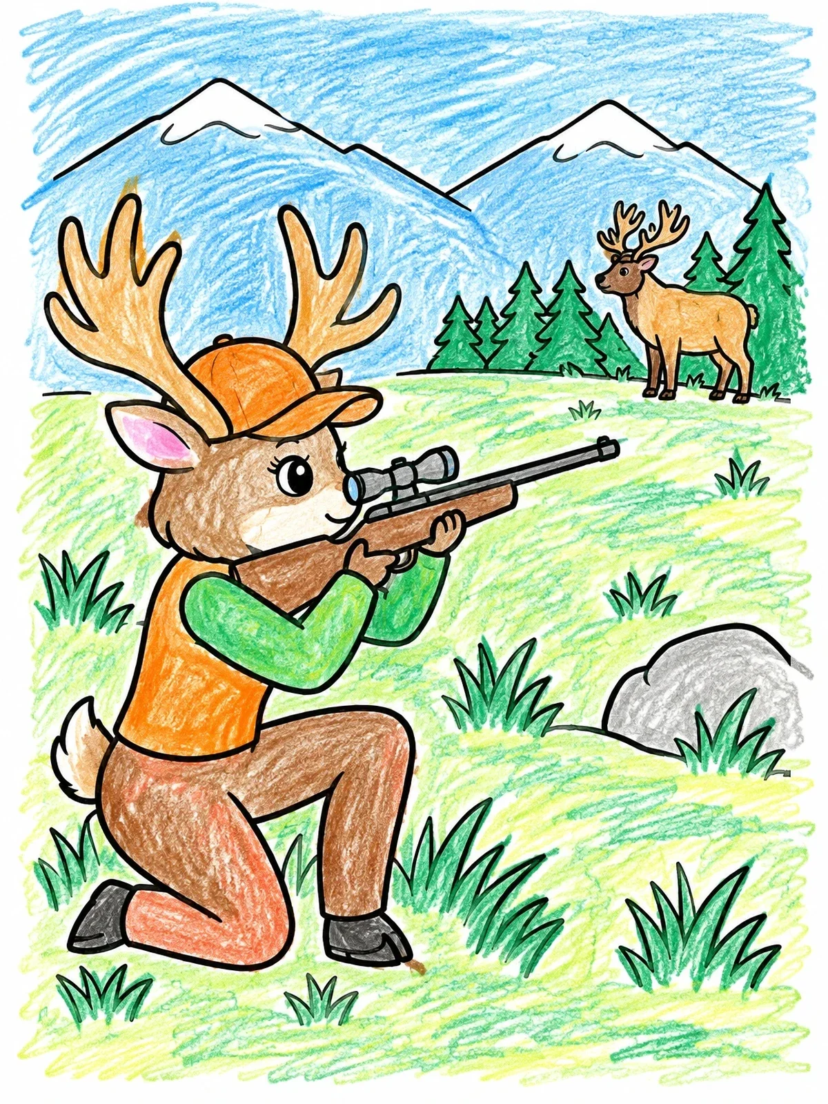 Colored example of the Cartoon Deer Hunter In The Mountains coloring page