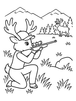 Free printable Cartoon Deer Hunter In The Mountains coloring page