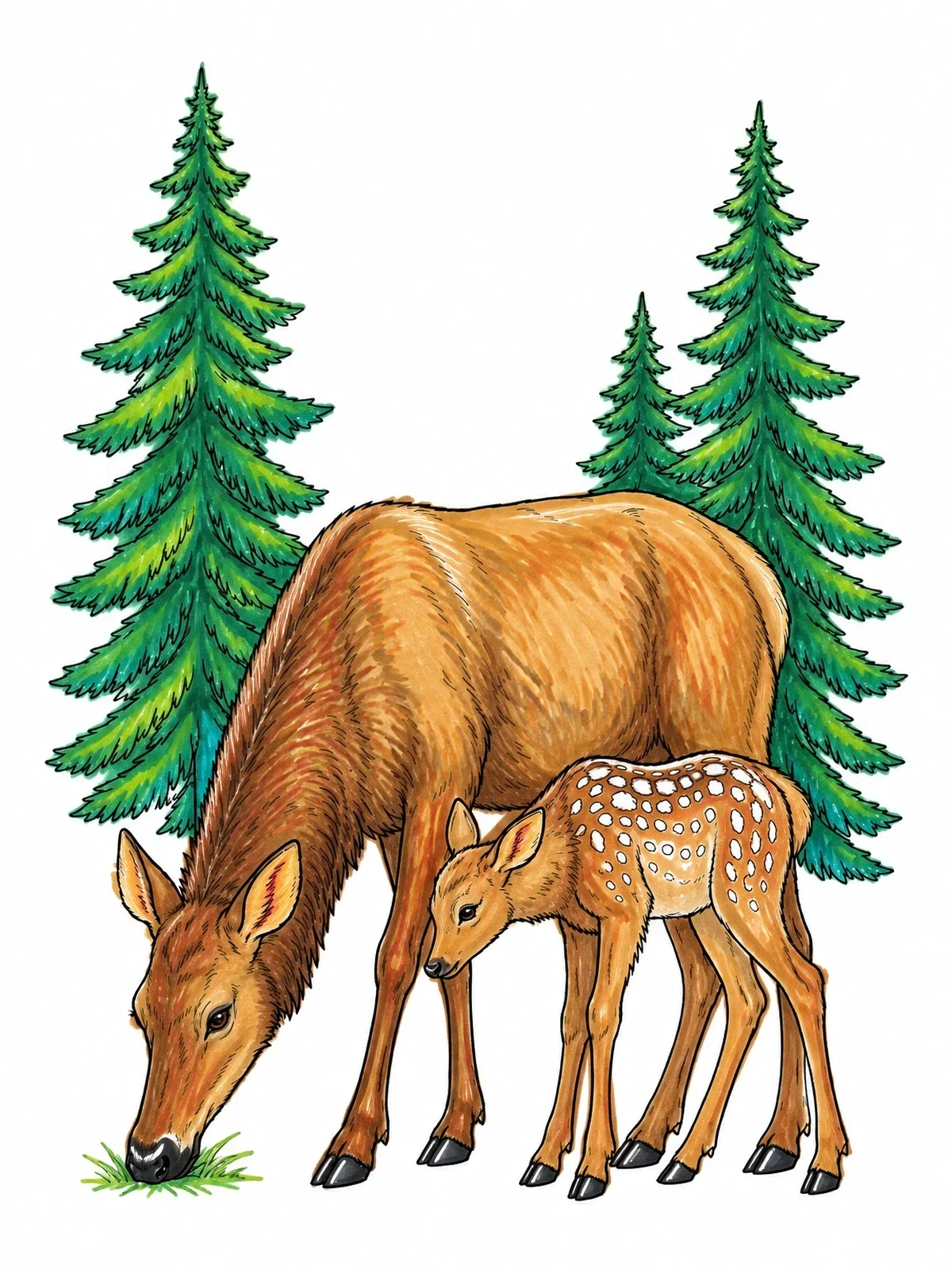 Colored example of the Elk Cow With Spotted Calf coloring page