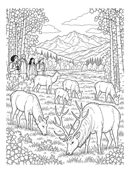A herd of elk grazes near hikers in this realistic Colorado coloring page.