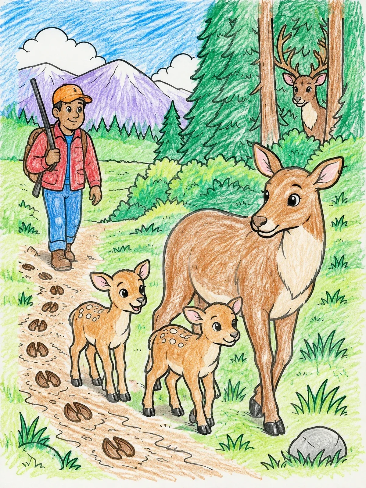 Colored example of the Hiker Watching Deer Family On Trail coloring page