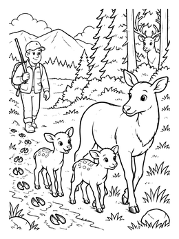 Free printable Hiker Watching Deer Family On Trail coloring page