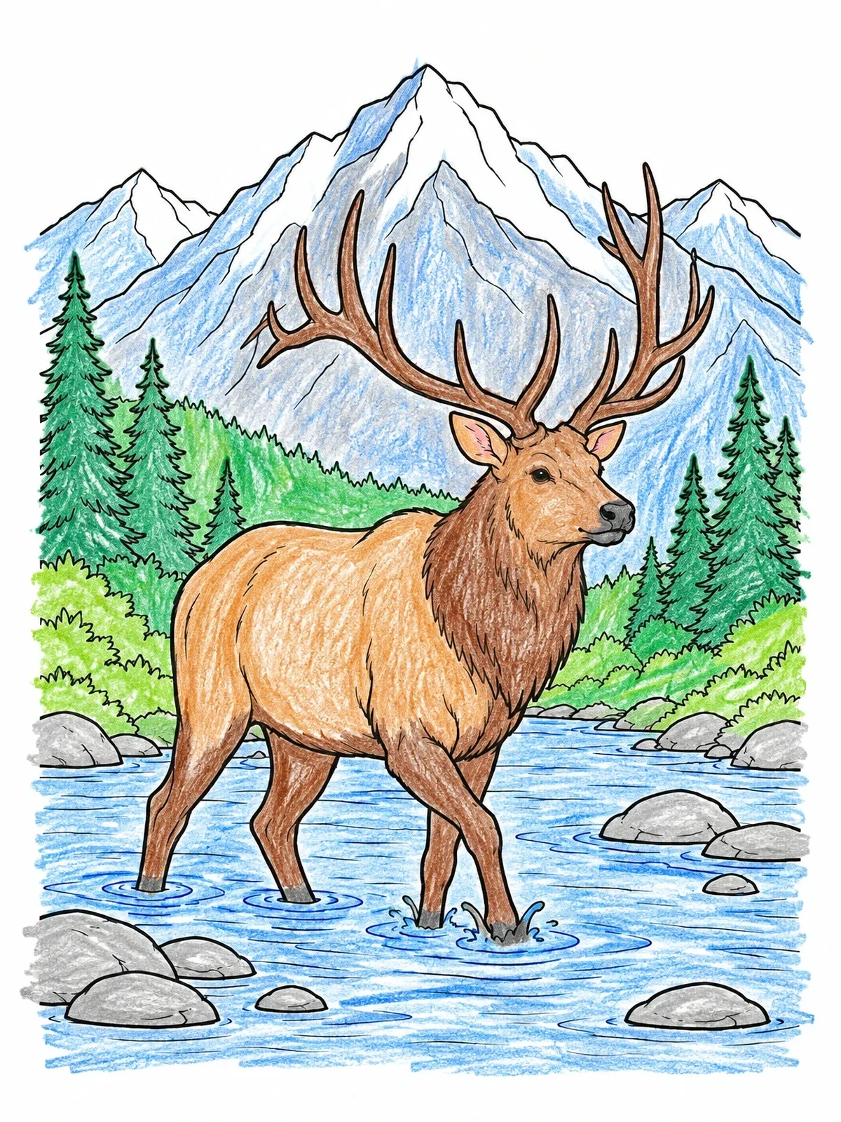 Colored example of the Majestic Elk In Mountain Stream coloring page