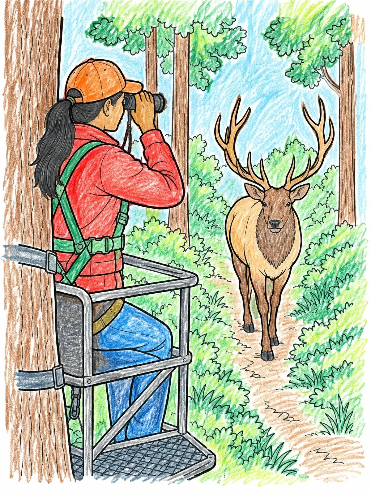 Colored example of the Watcher In A Tree Stand Spotting An Elk coloring page