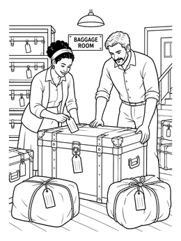 A couple checks luggage tags on trunks in this ellis island coloring page.