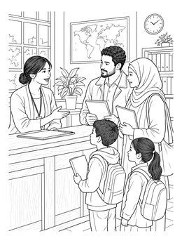 An immigrant family talks to a clerk in this ellis island coloring page.