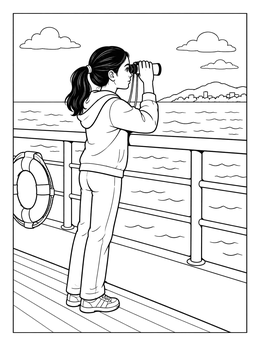 Free printable Girl Looking Through Binoculars On Ship Deck coloring page