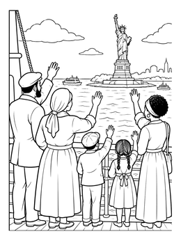 Free printable Immigrants Waving At Statue Of Liberty coloring page
