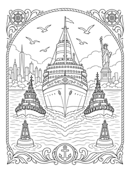 An ocean liner escorted by tugs in this historic ellis island coloring page with the Statue of Liberty.