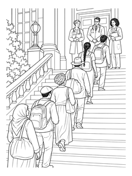 A detailed ellis island coloring page showing immigrants walking up stairs past waiting medical inspectors.