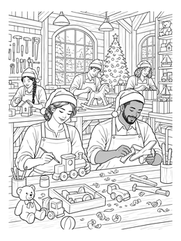 Elves craft wooden toys in this detailed santas workshop coloring page.