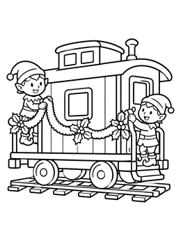 A cheerful christmas train coloring page showing two elves hanging festive garland on a train caboose.