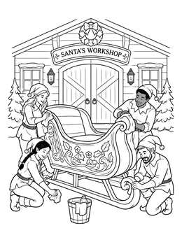Cheerful elves cleaning the sleigh in this santas workshop north pole coloring page outdoors.