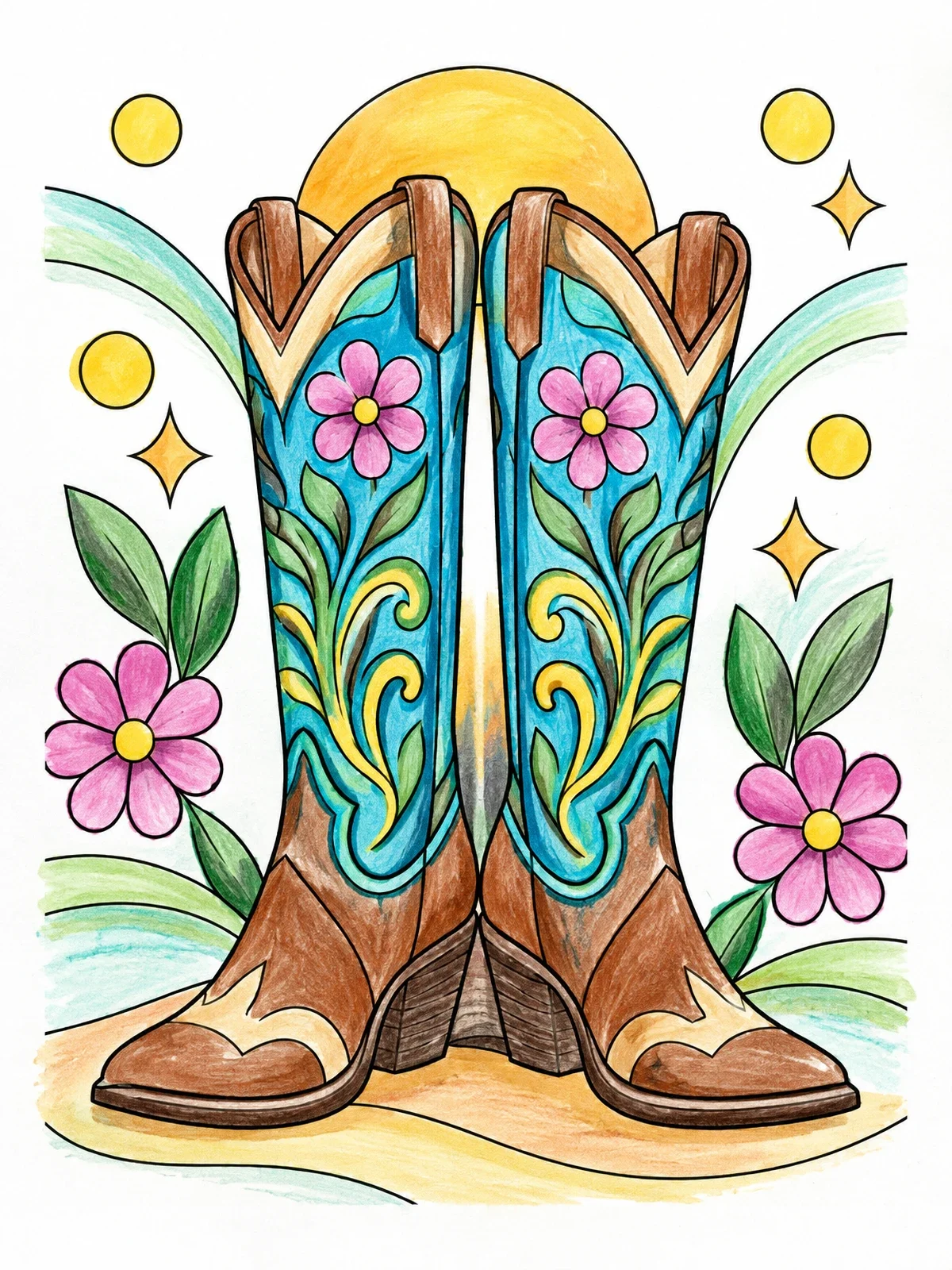 Colored example of the Embroidered Cowgirl Boots With Floral Details coloring page