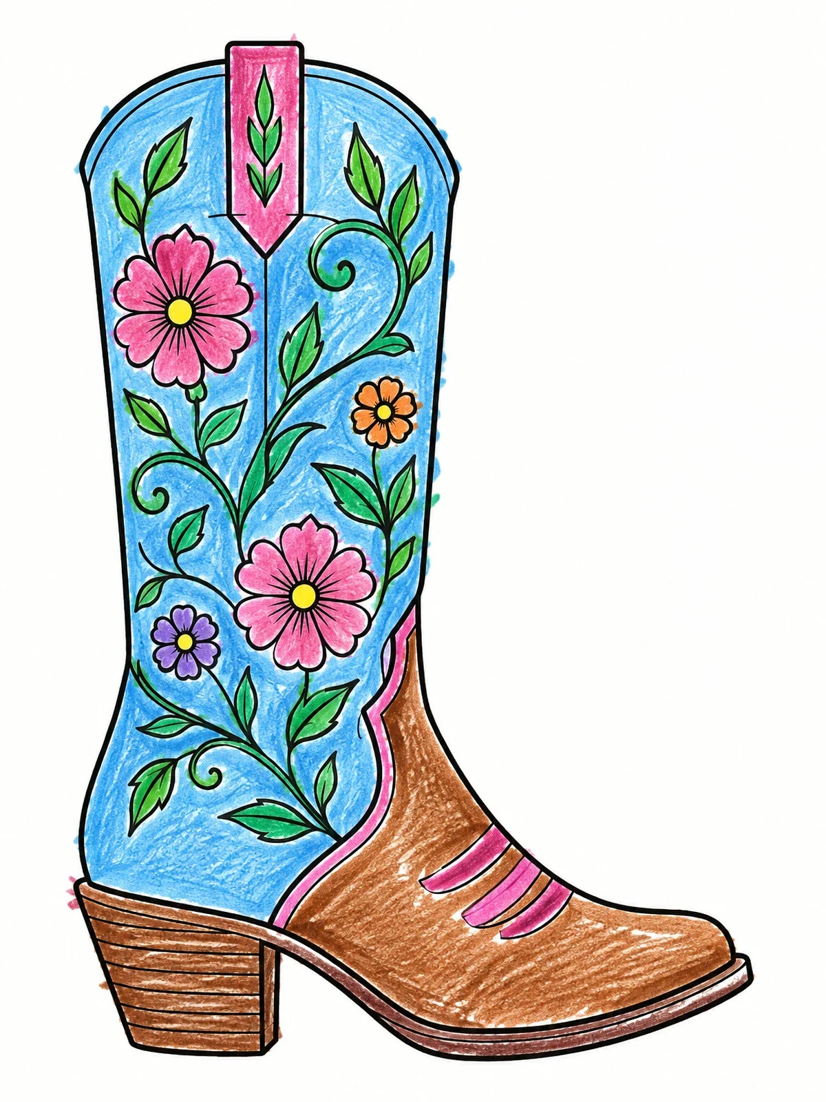 Colored example of the Embroidered Floral Cowgirl Boot coloring page