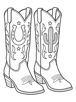 Two decorated boots with a horseshoe and cactus pattern feature on this cowboy coloring page.