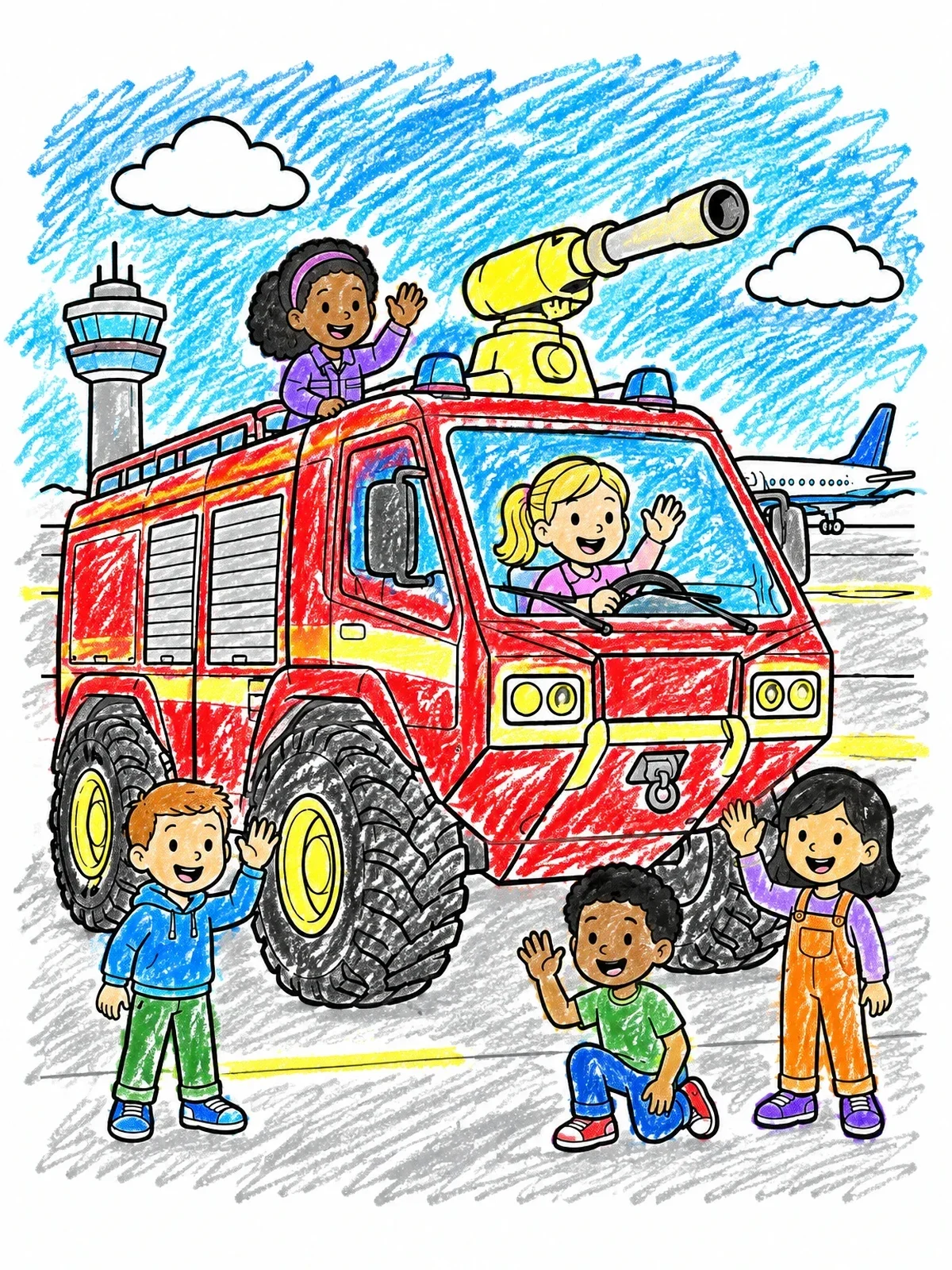 Colored example of the Airport Crash Tender And Friendly Kids coloring page