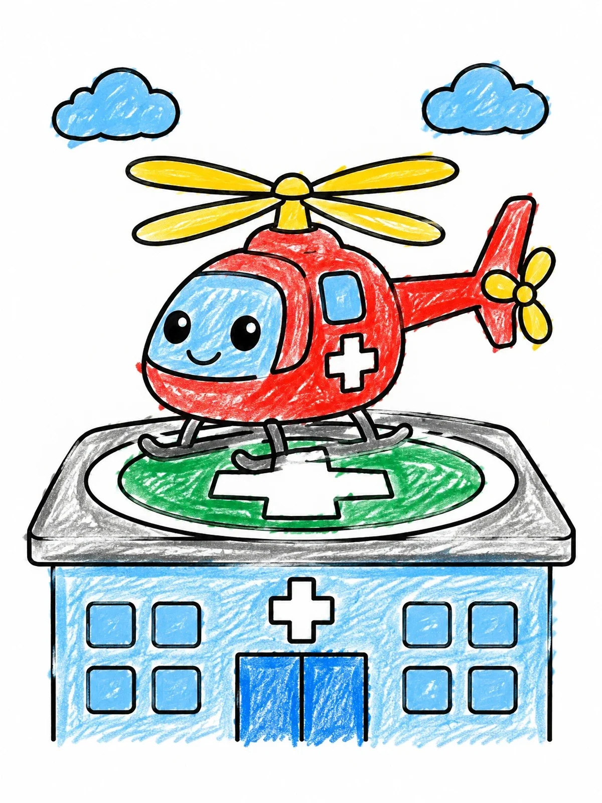 Colored example of the Cute Rescue Helicopter On Hospital Helipad coloring page