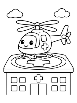 Free printable Cute Rescue Helicopter On Hospital Helipad coloring page