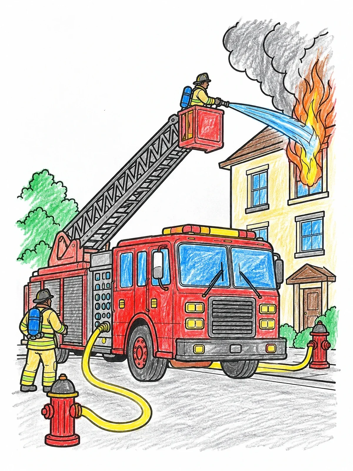 Colored example of the Fire Engine Fighting House Fire coloring page