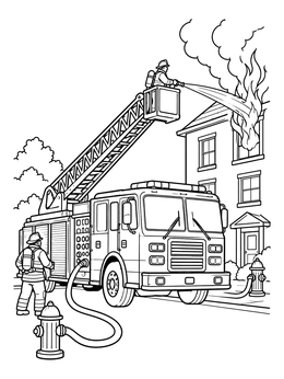 Free printable Fire Engine Fighting House Fire coloring page