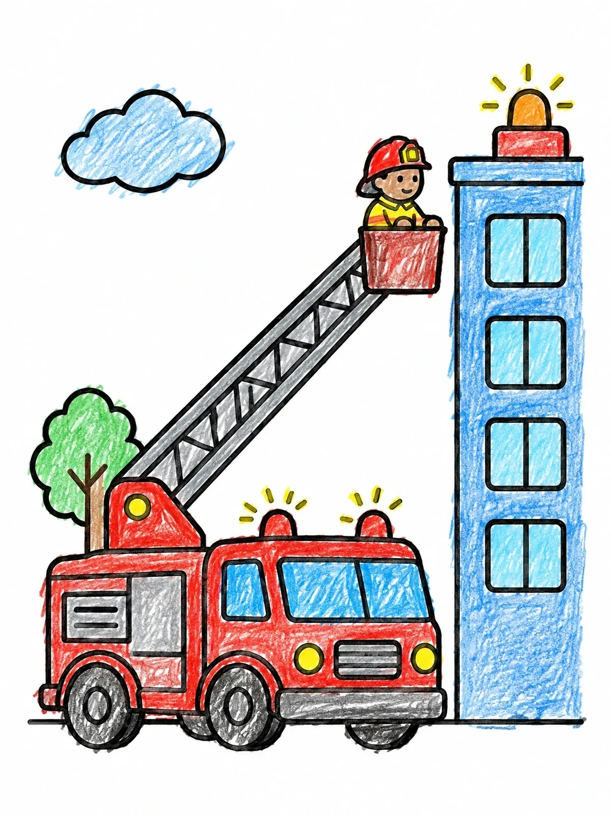 Colored example of the Fire Truck Ladder Rescue Mission coloring page