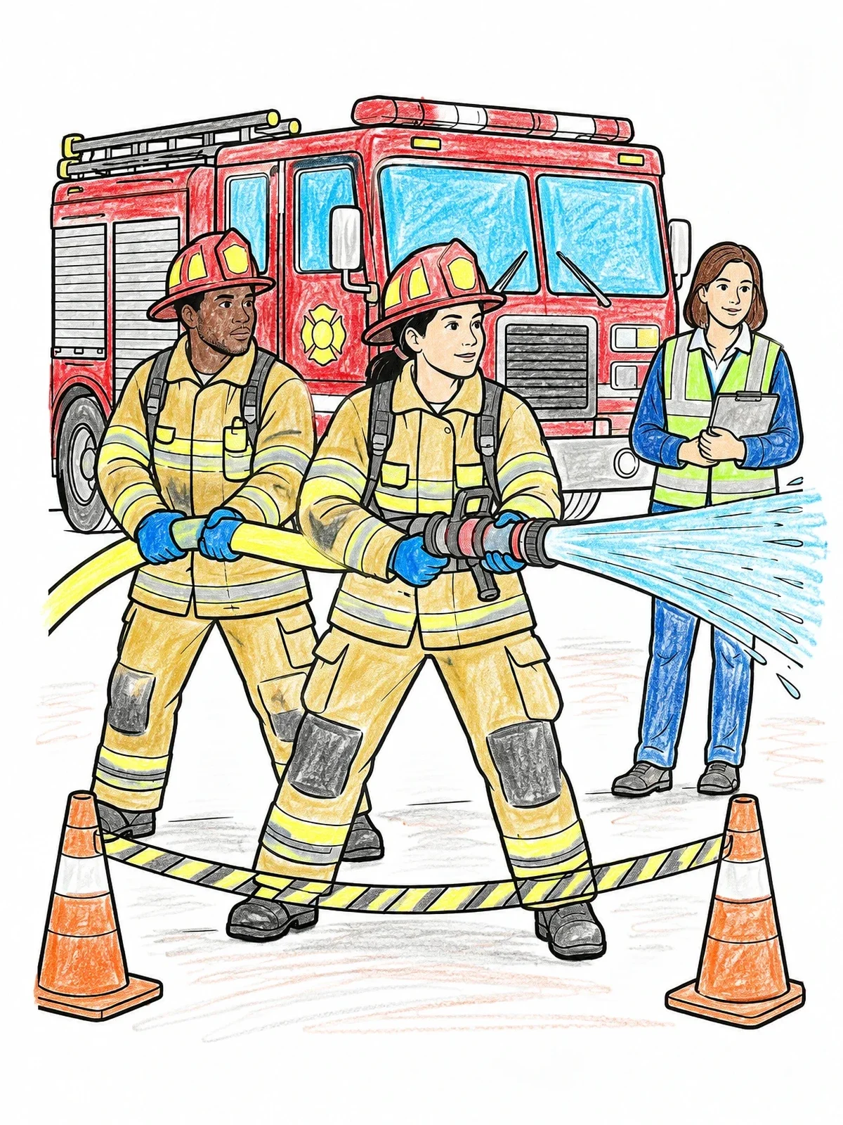 Colored example of the Firefighters Spraying Water With Engine coloring page
