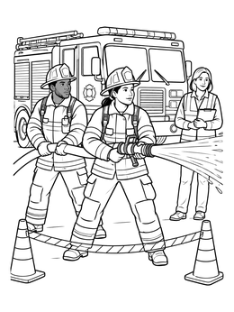 Free printable Firefighters Spraying Water With Engine coloring page