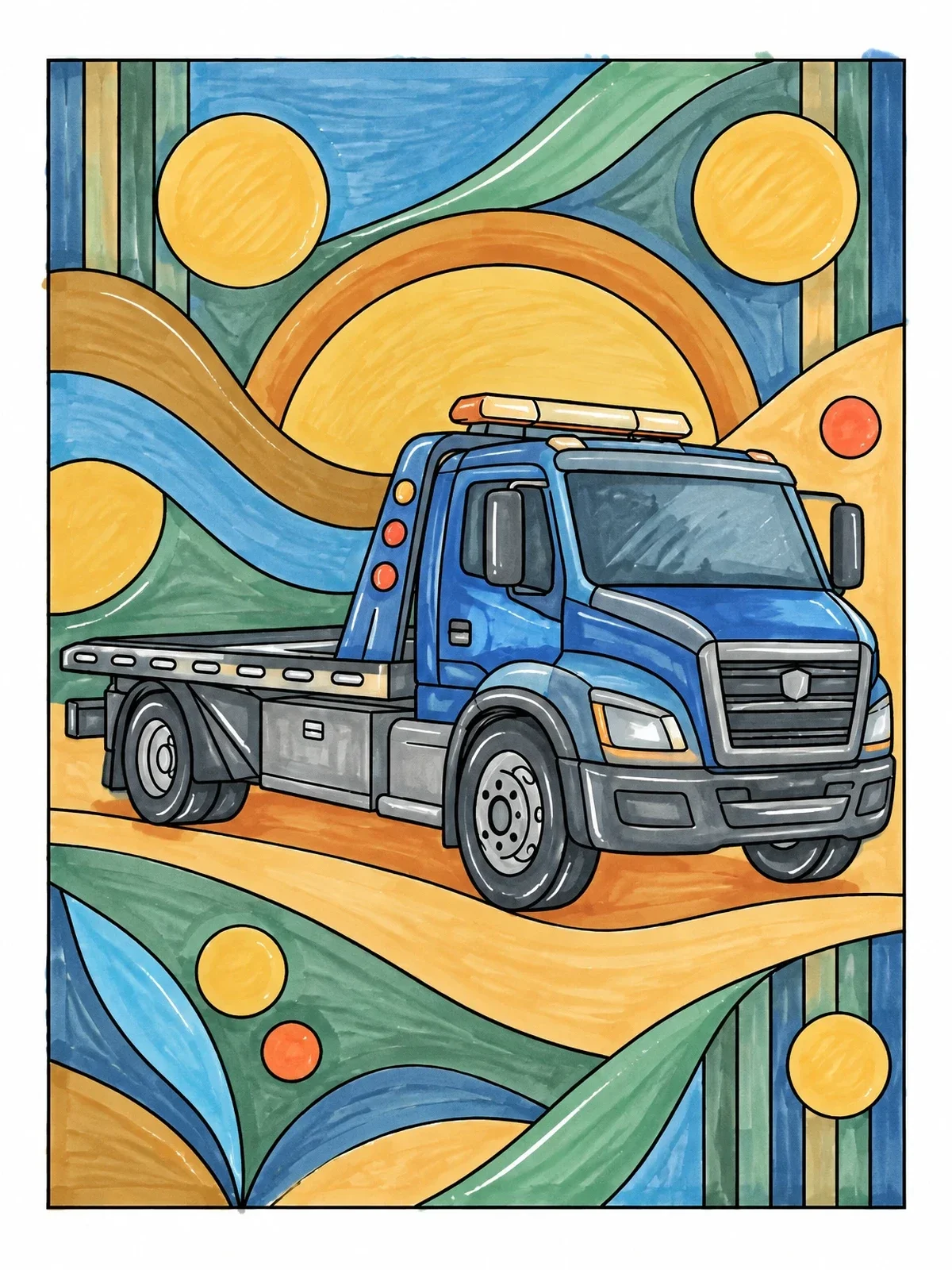 Colored example of the Modern Flatbed Tow Truck coloring page