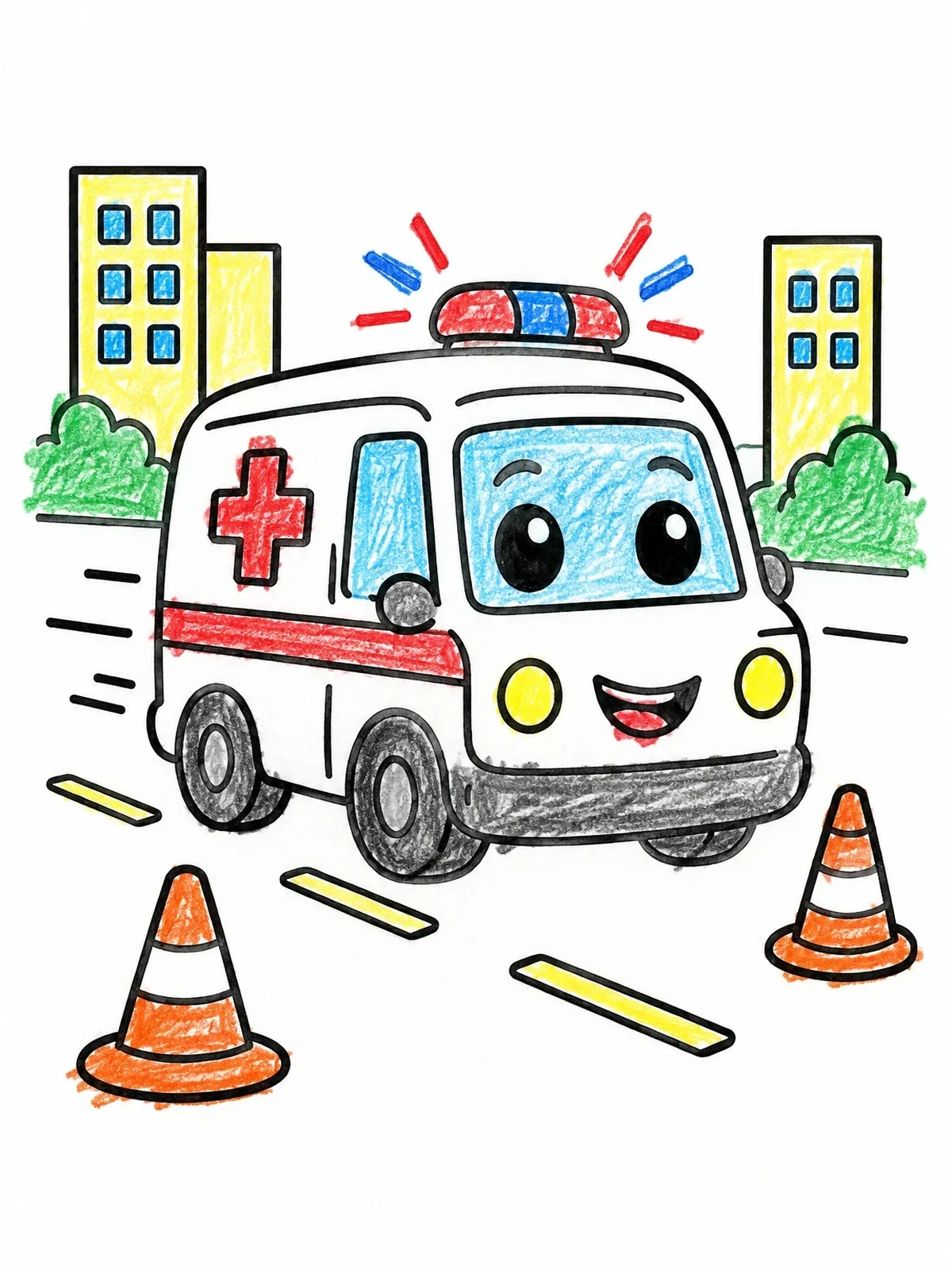Colored example of the Friendly Cartoon Ambulance On Duty coloring page