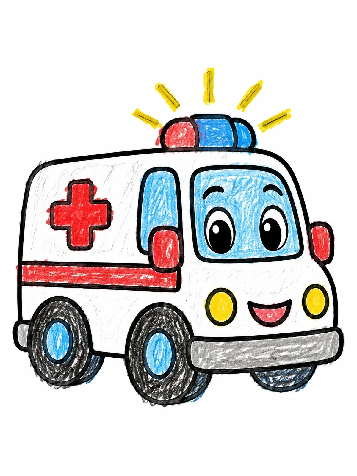Colored example of the Friendly Cartoon Ambulance With Siren coloring page