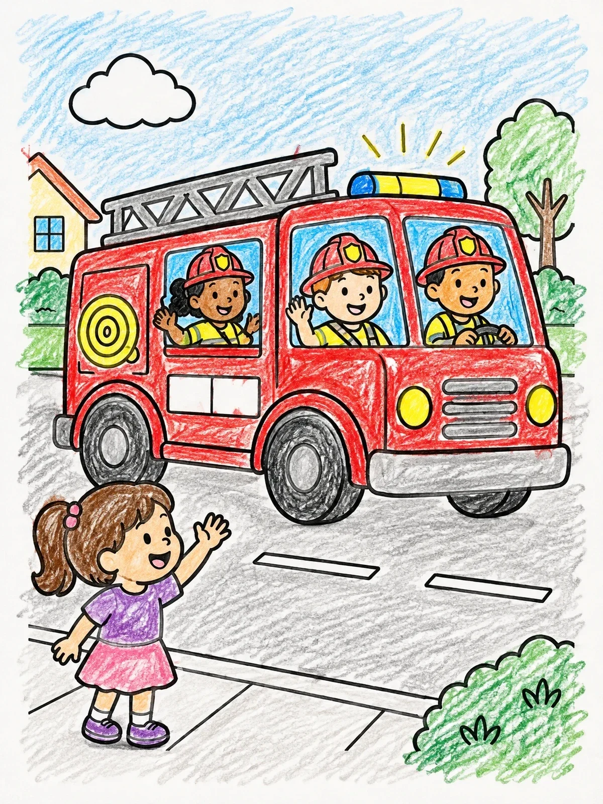 Colored example of the Girl Waving At Friendly Fire Truck coloring page