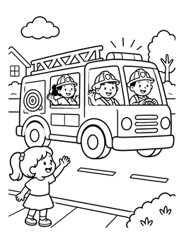 Free printable Girl Waving At Friendly Fire Truck coloring page
