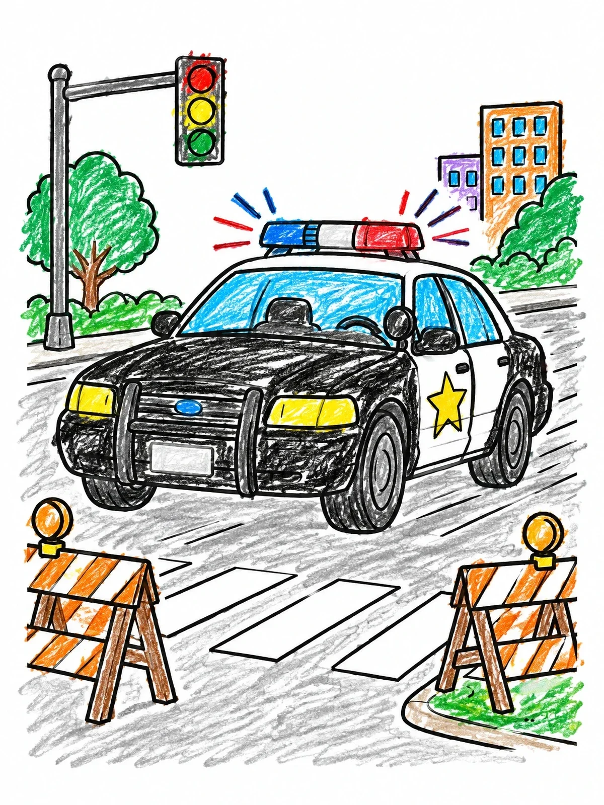 Colored example of the Police Car At City Intersection coloring page