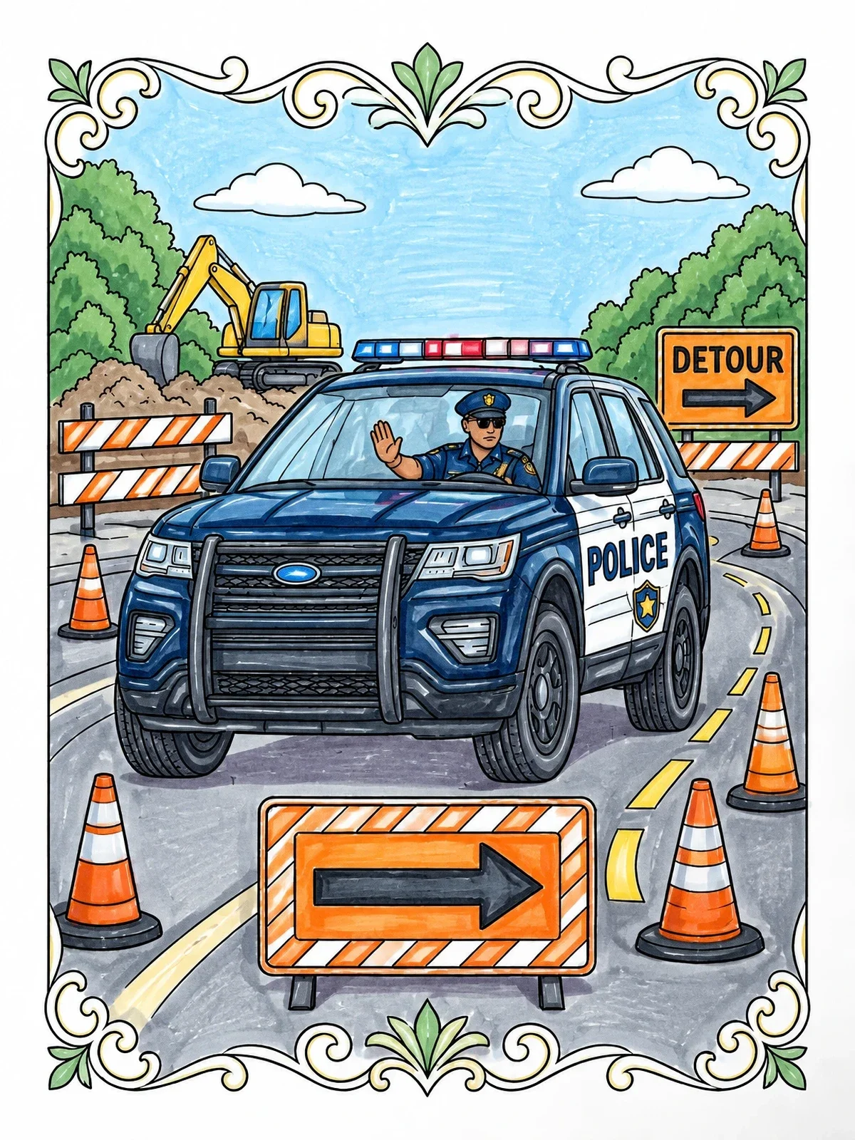Colored example of the Police Suv At Construction Detour coloring page