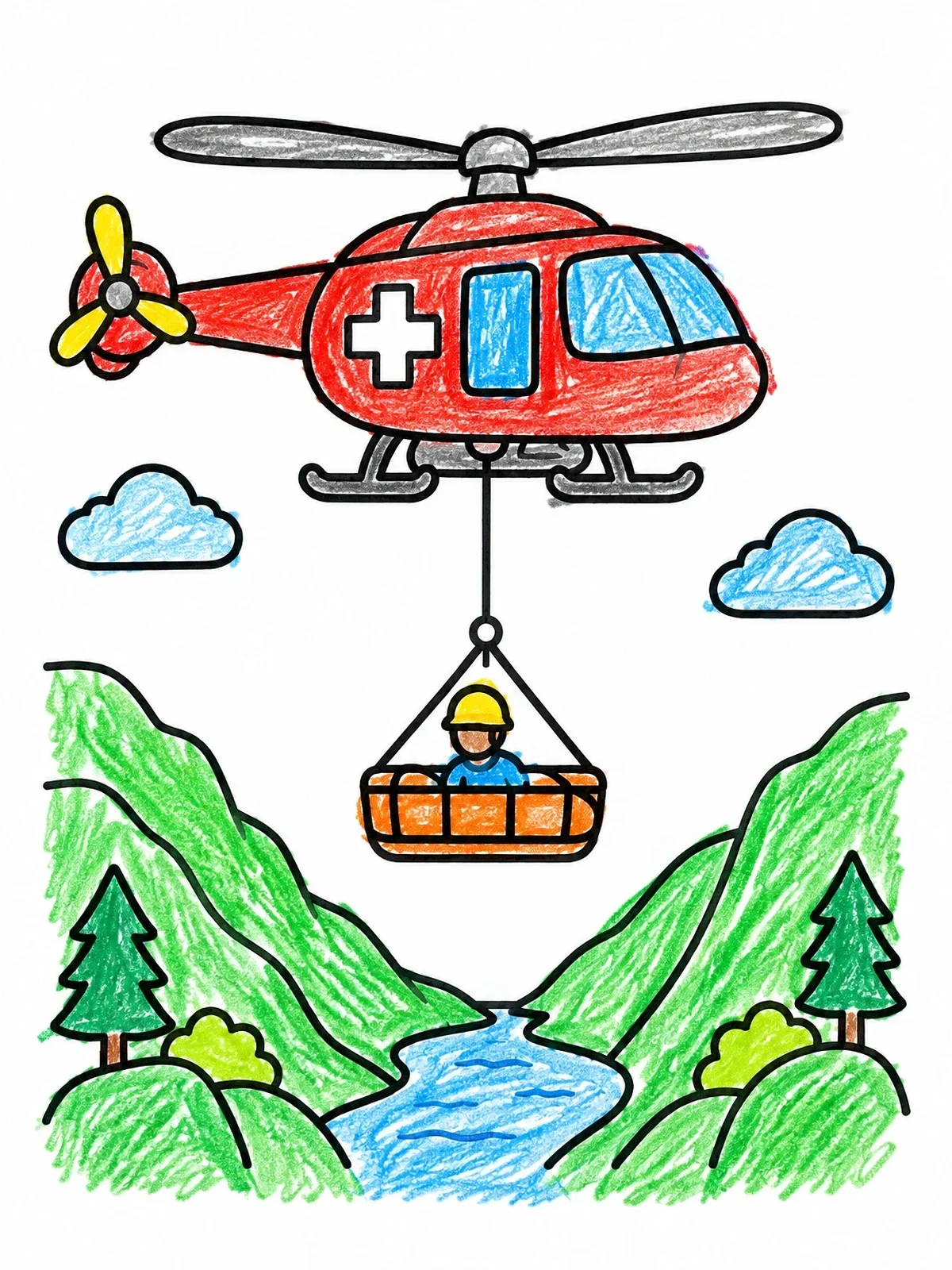 Colored example of the Rescue Helicopter Over Mountain Valley coloring page